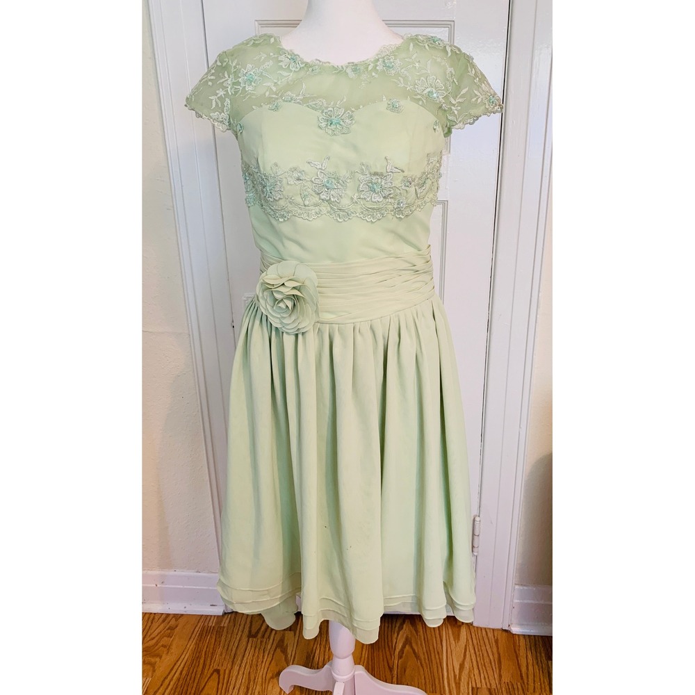 Sage Green 1950s Vintage Style Cocktail Dress Courthouse Wedding Chiffon Size M - Picture 3 of 16